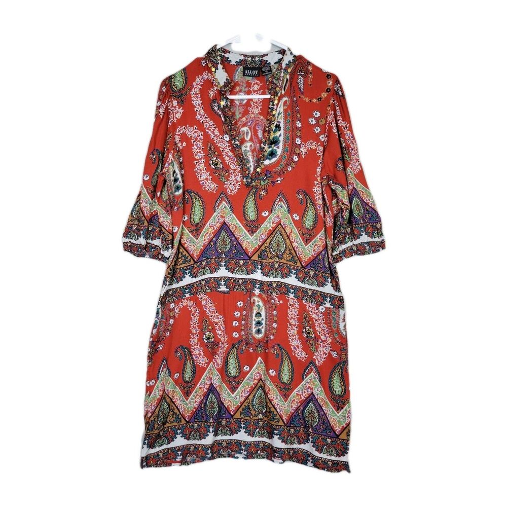 Alloy Apparel Bohemian Tunic Dress Womens Large Embellished Mixed Print Festival